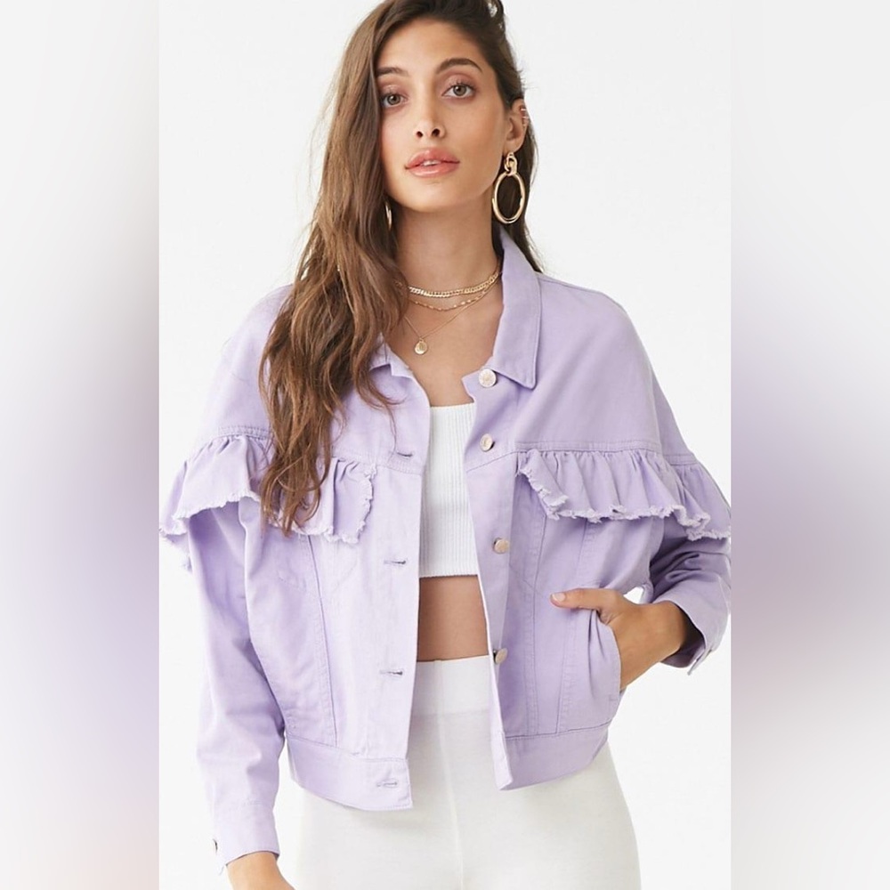 Love Tree Lavender Ruffle Jean Jacket - Picture 2 of 8